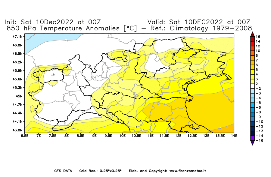 Mappa di analisi GFS - Anomalia Temperatura [°C] a 850 hPa in Nord-Italia
							del 10/12/2022 00 <!--googleoff: index-->UTC<!--googleon: index-->