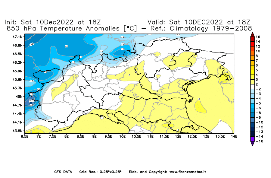 Mappa di analisi GFS - Anomalia Temperatura [°C] a 850 hPa in Nord-Italia
							del 10/12/2022 18 <!--googleoff: index-->UTC<!--googleon: index-->