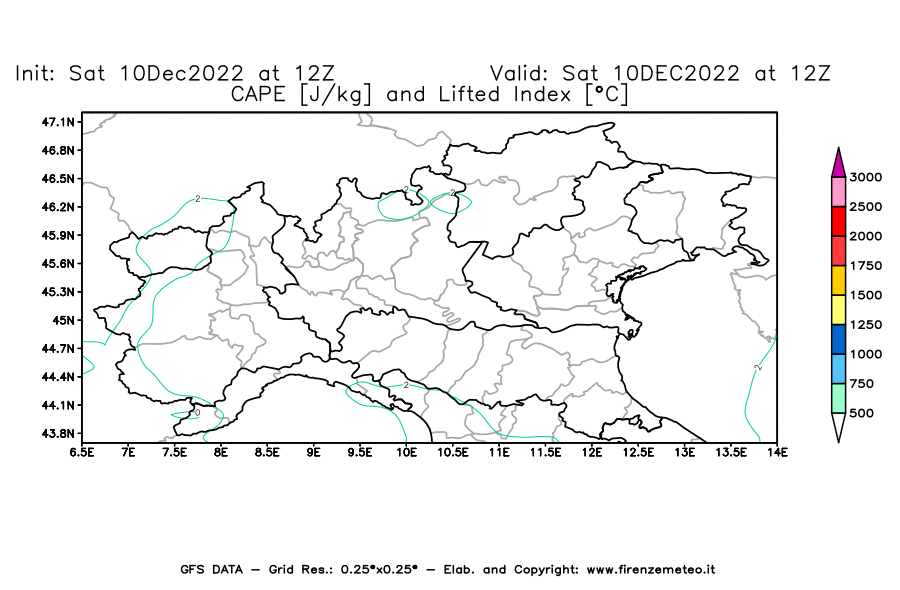 Mappa di analisi GFS - CAPE [J/kg] e Lifted Index [°C] in Nord-Italia
							del 10/12/2022 12 <!--googleoff: index-->UTC<!--googleon: index-->