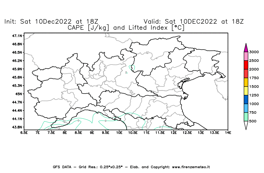 Mappa di analisi GFS - CAPE [J/kg] e Lifted Index [°C] in Nord-Italia
							del 10/12/2022 18 <!--googleoff: index-->UTC<!--googleon: index-->