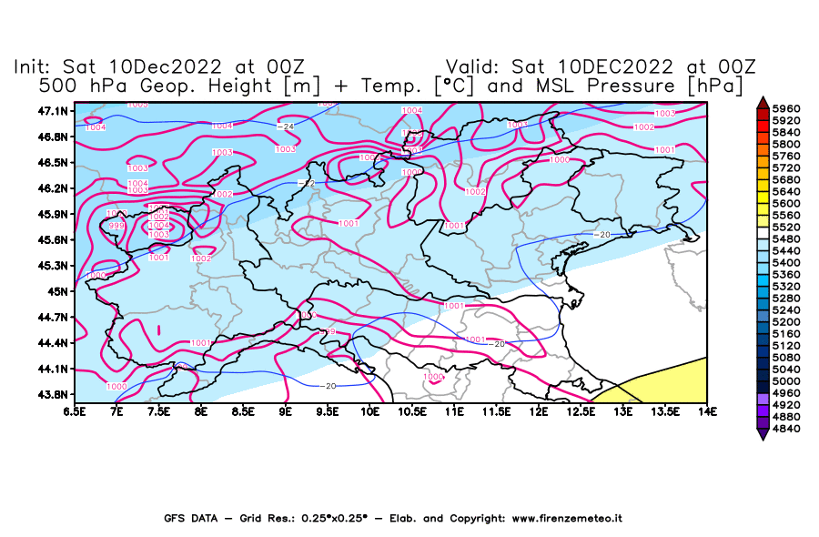 Mappa di analisi GFS - Geopotenziale [m] + Temp. [°C] a 500 hPa + Press. a livello del mare [hPa] in Nord-Italia
							del 10/12/2022 00 <!--googleoff: index-->UTC<!--googleon: index-->