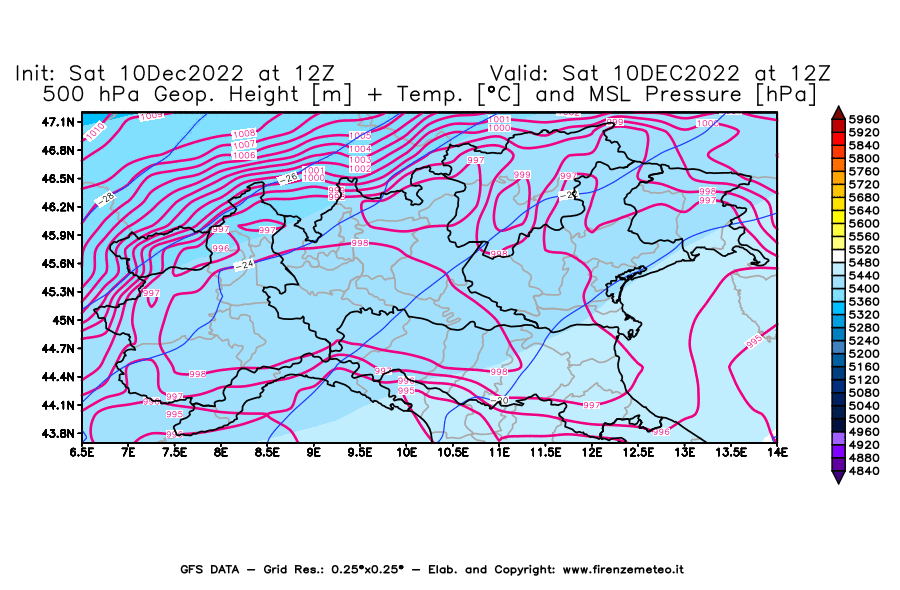 Mappa di analisi GFS - Geopotenziale [m] + Temp. [°C] a 500 hPa + Press. a livello del mare [hPa] in Nord-Italia
							del 10/12/2022 12 <!--googleoff: index-->UTC<!--googleon: index-->