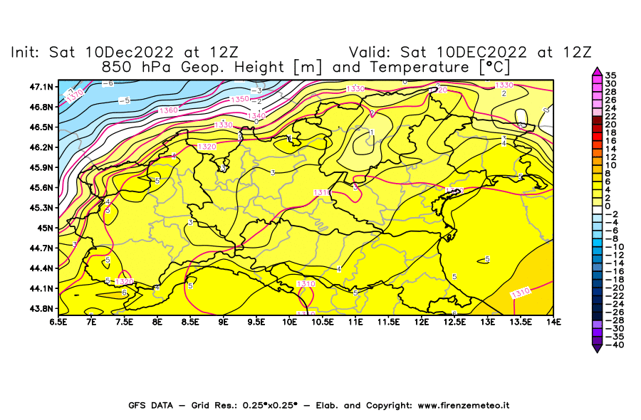 Mappa di analisi GFS - Geopotenziale [m] e Temperatura [°C] a 850 hPa in Nord-Italia
							del 10/12/2022 12 <!--googleoff: index-->UTC<!--googleon: index-->