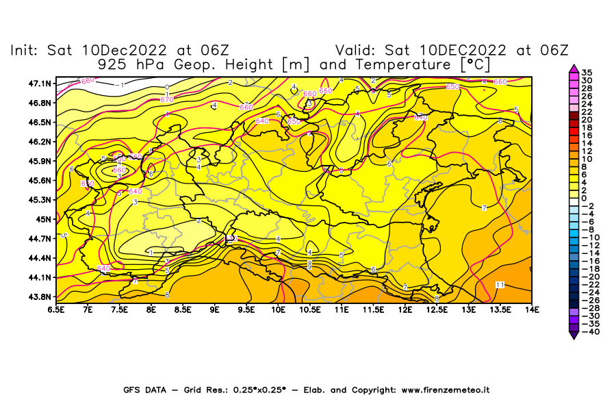 Mappa di analisi GFS - Geopotenziale [m] e Temperatura [°C] a 925 hPa in Nord-Italia
							del 10/12/2022 06 <!--googleoff: index-->UTC<!--googleon: index-->