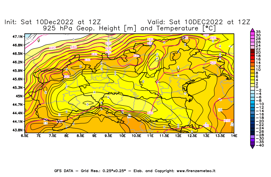 Mappa di analisi GFS - Geopotenziale [m] e Temperatura [°C] a 925 hPa in Nord-Italia
							del 10/12/2022 12 <!--googleoff: index-->UTC<!--googleon: index-->