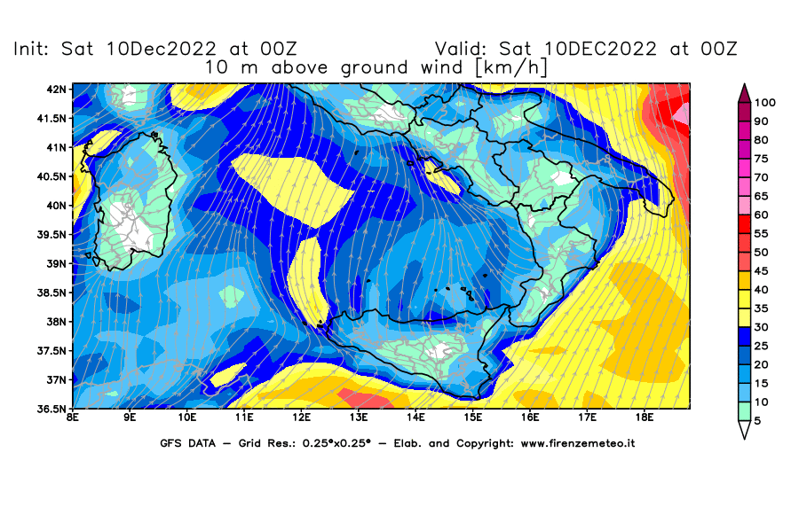 Mappa di analisi GFS - Velocità del vento a 10 metri dal suolo [km/h] in Sud-Italia
							del 10/12/2022 00 <!--googleoff: index-->UTC<!--googleon: index-->