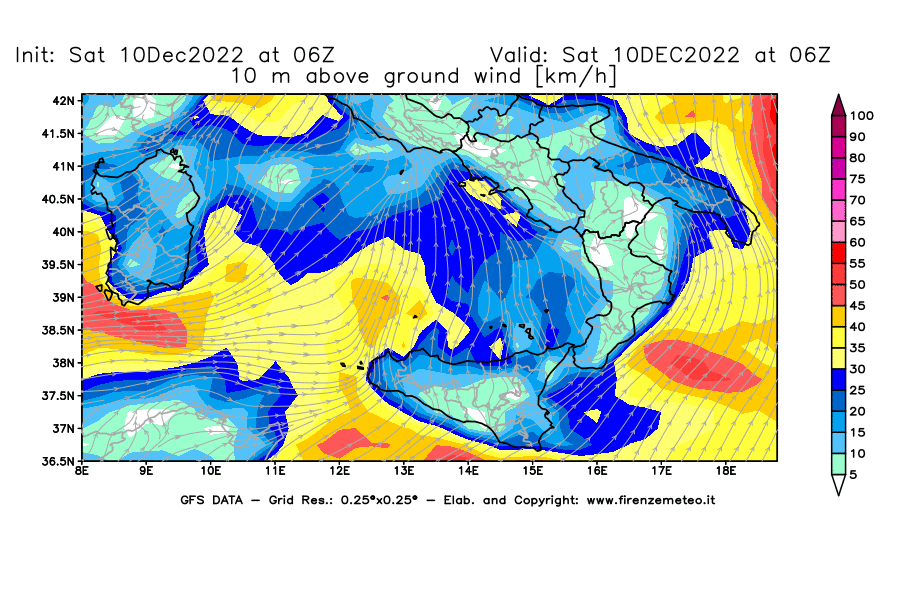 Mappa di analisi GFS - Velocità del vento a 10 metri dal suolo [km/h] in Sud-Italia
							del 10/12/2022 06 <!--googleoff: index-->UTC<!--googleon: index-->