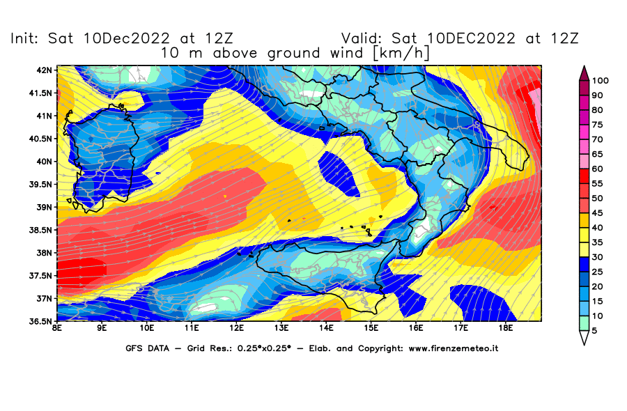 Mappa di analisi GFS - Velocità del vento a 10 metri dal suolo [km/h] in Sud-Italia
							del 10/12/2022 12 <!--googleoff: index-->UTC<!--googleon: index-->