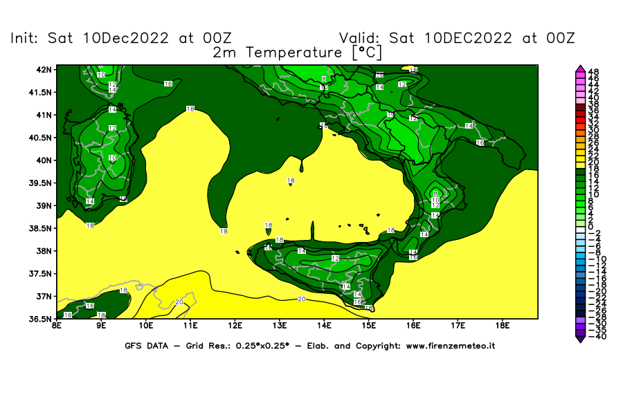 Mappa di analisi GFS - Temperatura a 2 metri dal suolo [°C] in Sud-Italia
							del 10/12/2022 00 <!--googleoff: index-->UTC<!--googleon: index-->