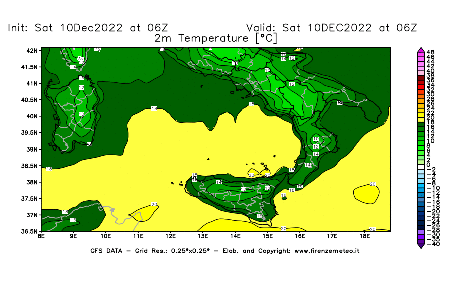 Mappa di analisi GFS - Temperatura a 2 metri dal suolo [°C] in Sud-Italia
							del 10/12/2022 06 <!--googleoff: index-->UTC<!--googleon: index-->