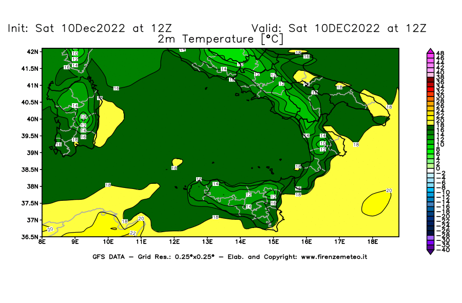 Mappa di analisi GFS - Temperatura a 2 metri dal suolo [°C] in Sud-Italia
							del 10/12/2022 12 <!--googleoff: index-->UTC<!--googleon: index-->