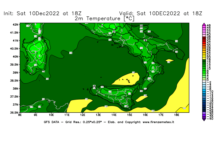 Mappa di analisi GFS - Temperatura a 2 metri dal suolo [°C] in Sud-Italia
							del 10/12/2022 18 <!--googleoff: index-->UTC<!--googleon: index-->