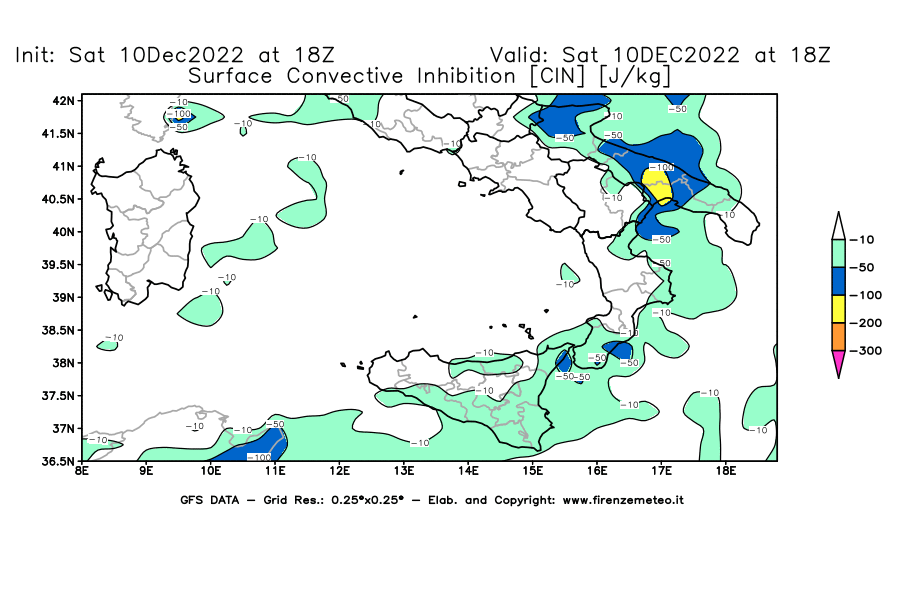 Mappa di analisi GFS - CIN [J/kg] in Sud-Italia
							del 10/12/2022 18 <!--googleoff: index-->UTC<!--googleon: index-->