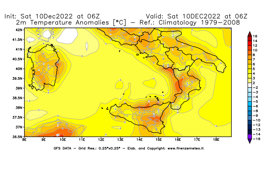 Mappa di analisi GFS - Anomalia Temperatura [°C] a 2 m in Sud-Italia
							del 10/12/2022 06 <!--googleoff: index-->UTC<!--googleon: index-->