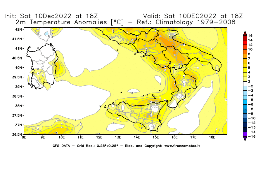 Mappa di analisi GFS - Anomalia Temperatura [°C] a 2 m in Sud-Italia
							del 10/12/2022 18 <!--googleoff: index-->UTC<!--googleon: index-->
