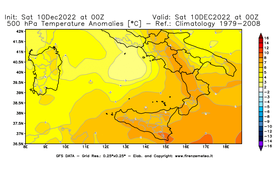 Mappa di analisi GFS - Anomalia Temperatura [°C] a 500 hPa in Sud-Italia
							del 10/12/2022 00 <!--googleoff: index-->UTC<!--googleon: index-->