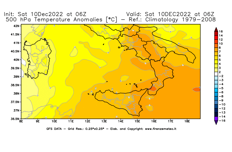Mappa di analisi GFS - Anomalia Temperatura [°C] a 500 hPa in Sud-Italia
							del 10/12/2022 06 <!--googleoff: index-->UTC<!--googleon: index-->