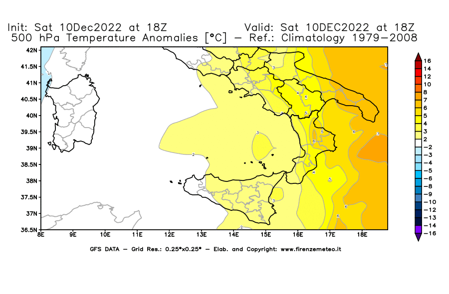 Mappa di analisi GFS - Anomalia Temperatura [°C] a 500 hPa in Sud-Italia
							del 10/12/2022 18 <!--googleoff: index-->UTC<!--googleon: index-->