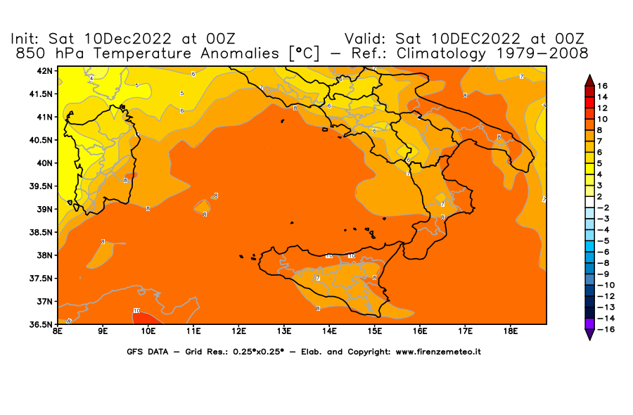 Mappa di analisi GFS - Anomalia Temperatura [°C] a 850 hPa in Sud-Italia
							del 10/12/2022 00 <!--googleoff: index-->UTC<!--googleon: index-->