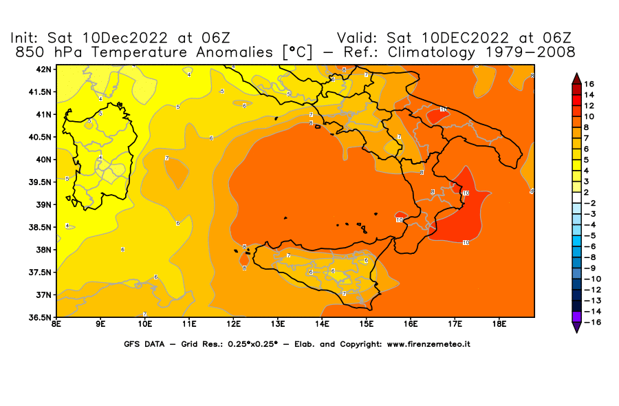 Mappa di analisi GFS - Anomalia Temperatura [°C] a 850 hPa in Sud-Italia
							del 10/12/2022 06 <!--googleoff: index-->UTC<!--googleon: index-->