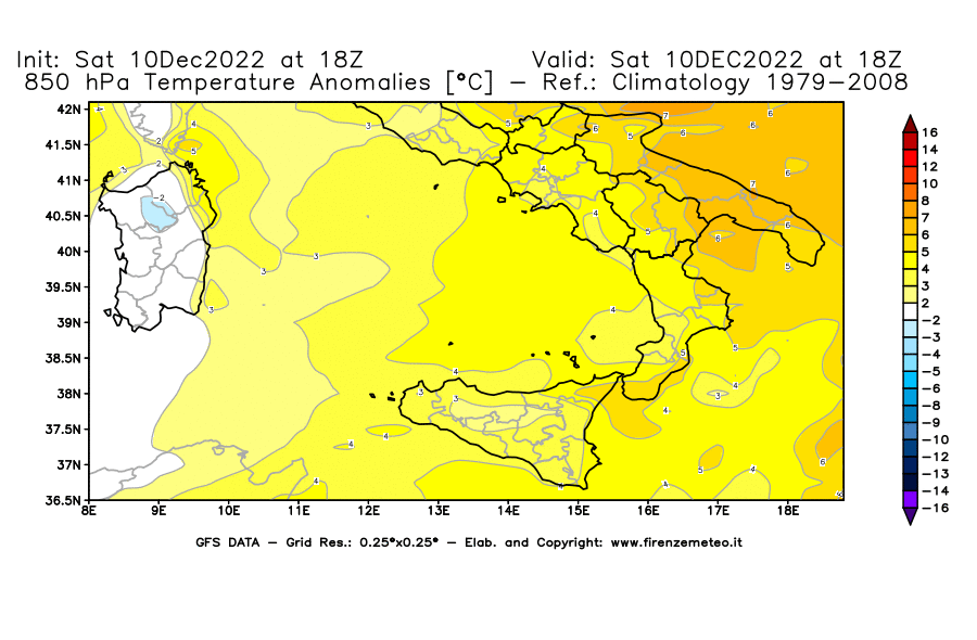 Mappa di analisi GFS - Anomalia Temperatura [°C] a 850 hPa in Sud-Italia
							del 10/12/2022 18 <!--googleoff: index-->UTC<!--googleon: index-->