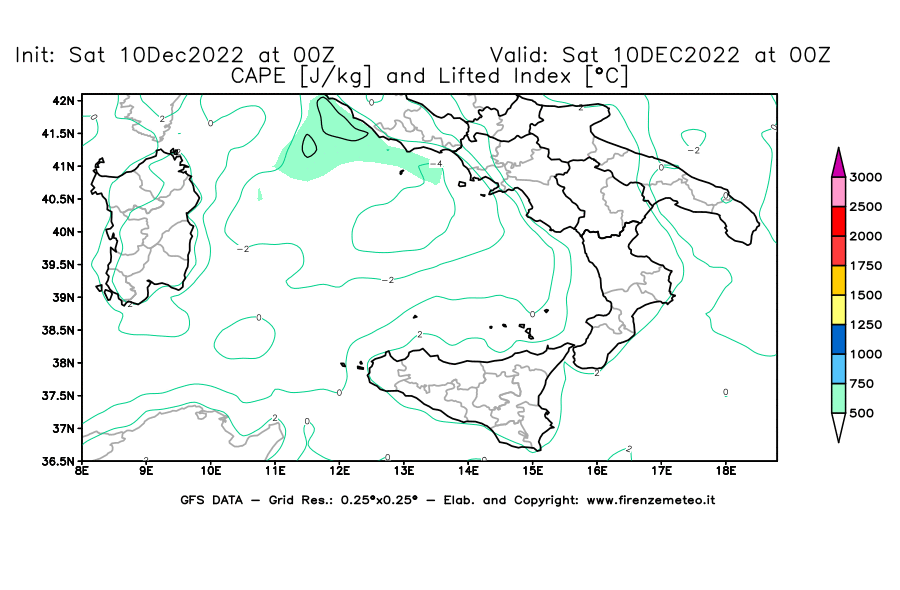 Mappa di analisi GFS - CAPE [J/kg] e Lifted Index [°C] in Sud-Italia
							del 10/12/2022 00 <!--googleoff: index-->UTC<!--googleon: index-->