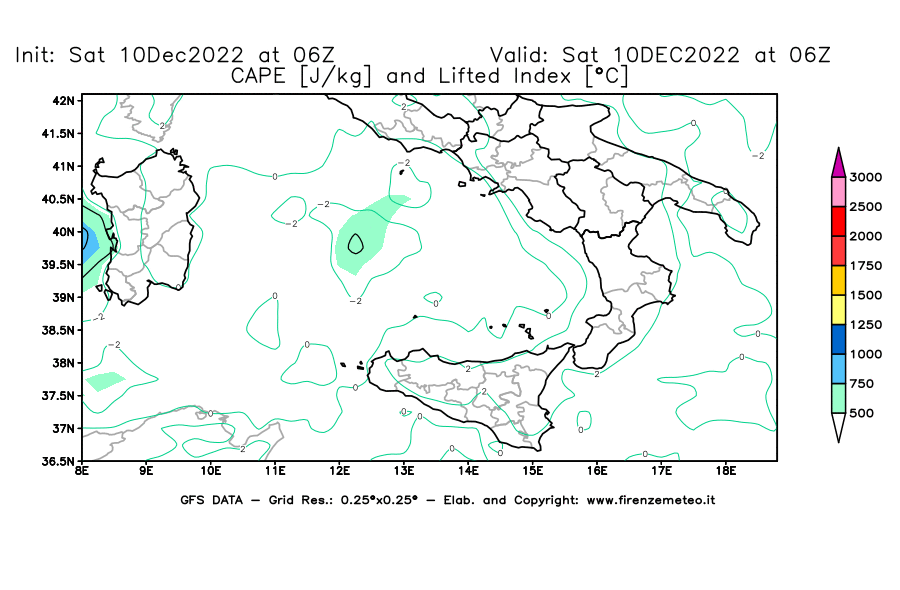 Mappa di analisi GFS - CAPE [J/kg] e Lifted Index [°C] in Sud-Italia
							del 10/12/2022 06 <!--googleoff: index-->UTC<!--googleon: index-->