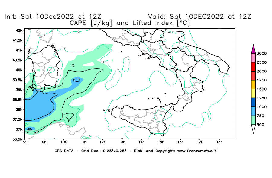 Mappa di analisi GFS - CAPE [J/kg] e Lifted Index [°C] in Sud-Italia
							del 10/12/2022 12 <!--googleoff: index-->UTC<!--googleon: index-->