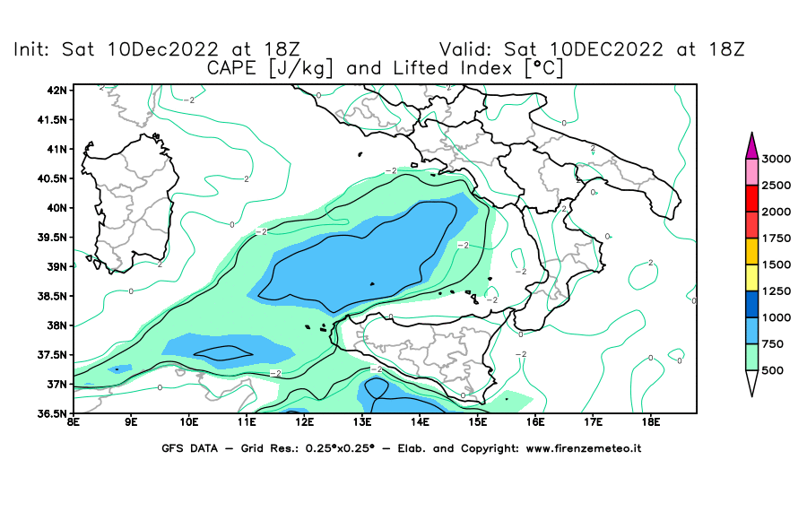 Mappa di analisi GFS - CAPE [J/kg] e Lifted Index [°C] in Sud-Italia
							del 10/12/2022 18 <!--googleoff: index-->UTC<!--googleon: index-->
