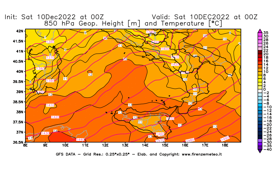 Mappa di analisi GFS - Geopotenziale [m] e Temperatura [°C] a 850 hPa in Sud-Italia
							del 10/12/2022 00 <!--googleoff: index-->UTC<!--googleon: index-->