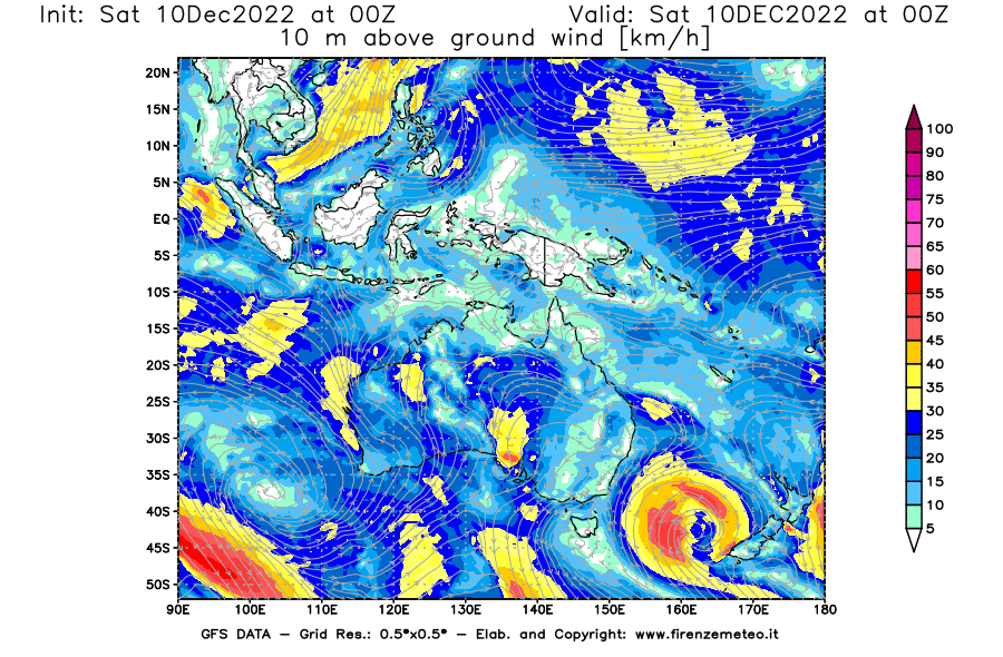 Mappa di analisi GFS - Velocità del vento a 10 metri dal suolo [km/h] in Oceania
							del 10/12/2022 00 <!--googleoff: index-->UTC<!--googleon: index-->