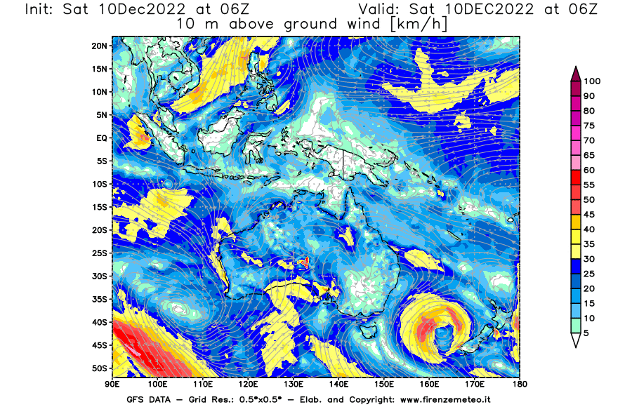 Mappa di analisi GFS - Velocità del vento a 10 metri dal suolo [km/h] in Oceania
							del 10/12/2022 06 <!--googleoff: index-->UTC<!--googleon: index-->