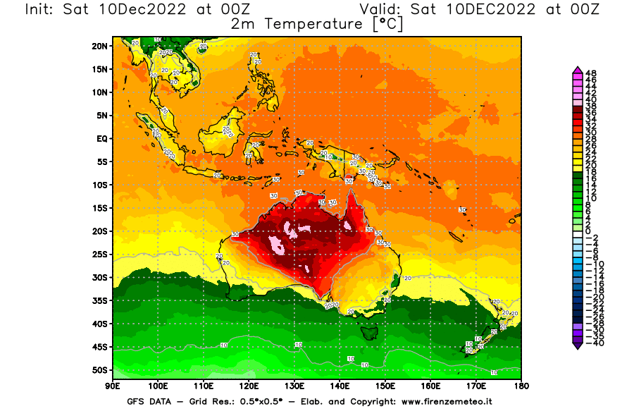 Mappa di analisi GFS - Temperatura a 2 metri dal suolo [°C] in Oceania
							del 10/12/2022 00 <!--googleoff: index-->UTC<!--googleon: index-->
