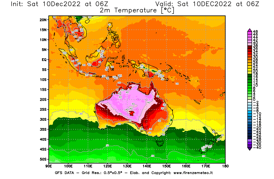 Mappa di analisi GFS - Temperatura a 2 metri dal suolo [°C] in Oceania
							del 10/12/2022 06 <!--googleoff: index-->UTC<!--googleon: index-->