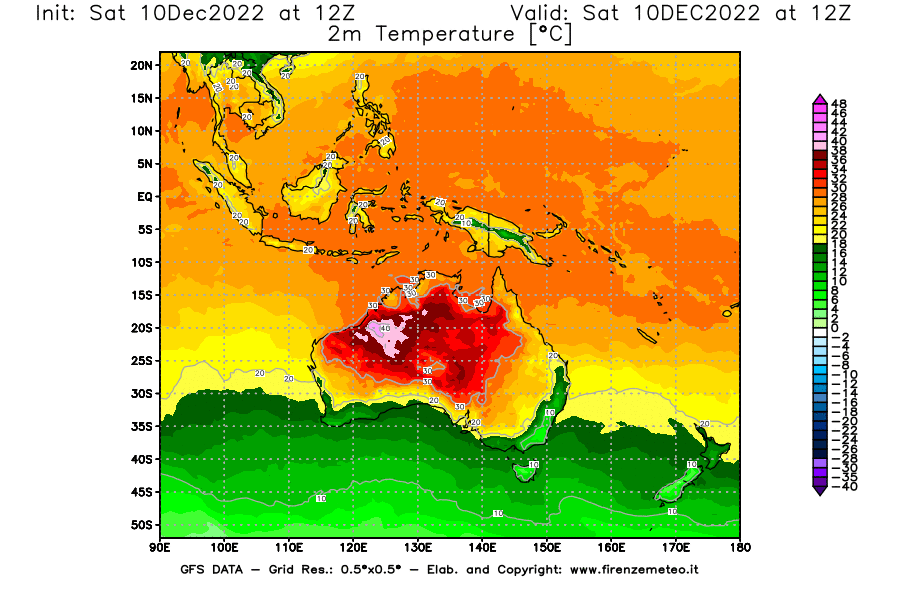 Mappa di analisi GFS - Temperatura a 2 metri dal suolo [°C] in Oceania
							del 10/12/2022 12 <!--googleoff: index-->UTC<!--googleon: index-->