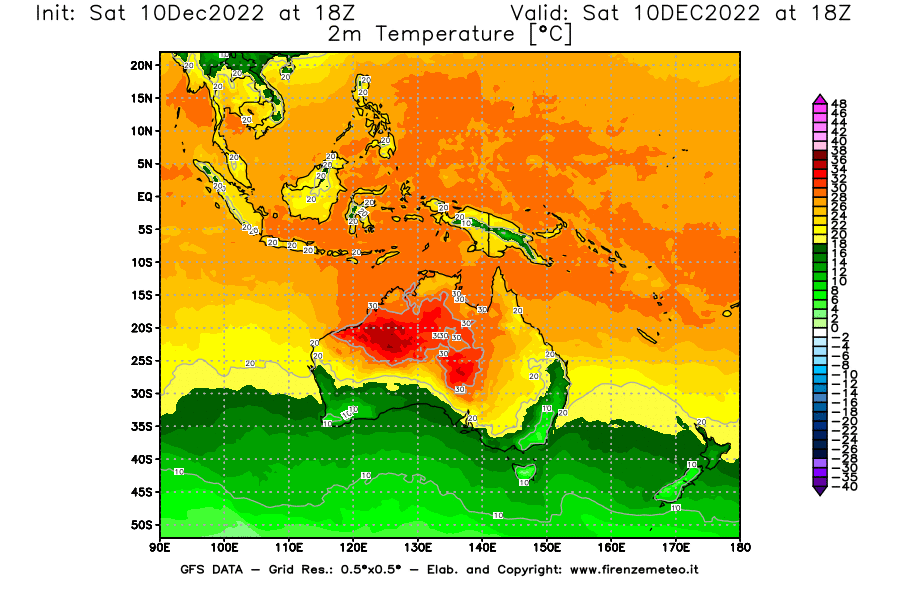 Mappa di analisi GFS - Temperatura a 2 metri dal suolo [°C] in Oceania
							del 10/12/2022 18 <!--googleoff: index-->UTC<!--googleon: index-->