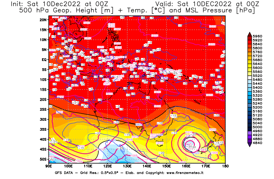 Mappa di analisi GFS - Geopotenziale [m] + Temp. [°C] a 500 hPa + Press. a livello del mare [hPa] in Oceania
							del 10/12/2022 00 <!--googleoff: index-->UTC<!--googleon: index-->