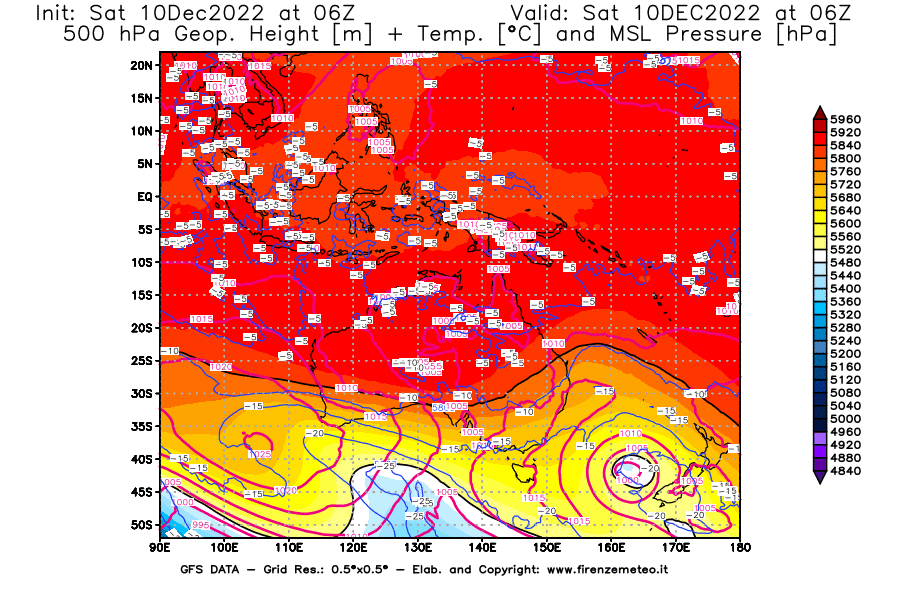 Mappa di analisi GFS - Geopotenziale [m] + Temp. [°C] a 500 hPa + Press. a livello del mare [hPa] in Oceania
							del 10/12/2022 06 <!--googleoff: index-->UTC<!--googleon: index-->
