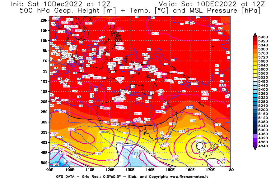 Mappa di analisi GFS - Geopotenziale [m] + Temp. [°C] a 500 hPa + Press. a livello del mare [hPa] in Oceania
							del 10/12/2022 12 <!--googleoff: index-->UTC<!--googleon: index-->