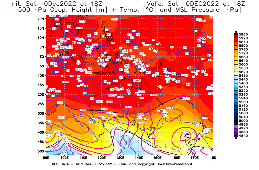 Mappa di analisi GFS - Geopotenziale [m] + Temp. [°C] a 500 hPa + Press. a livello del mare [hPa] in Oceania
							del 10/12/2022 18 <!--googleoff: index-->UTC<!--googleon: index-->