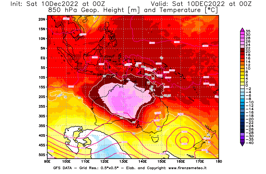 Mappa di analisi GFS - Geopotenziale [m] e Temperatura [°C] a 850 hPa in Oceania
							del 10/12/2022 00 <!--googleoff: index-->UTC<!--googleon: index-->