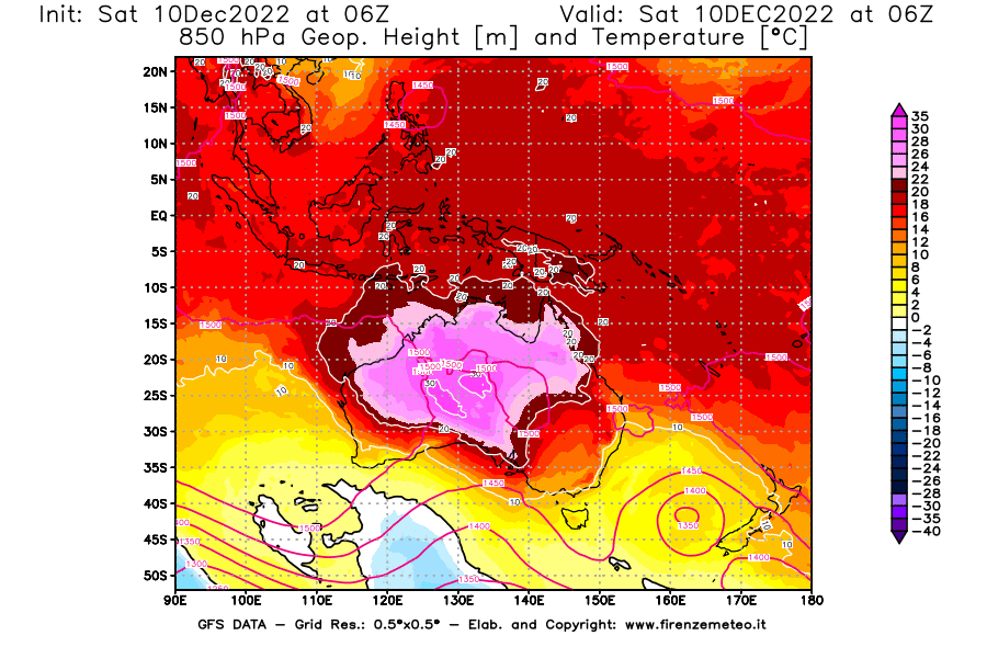 Mappa di analisi GFS - Geopotenziale [m] e Temperatura [°C] a 850 hPa in Oceania
							del 10/12/2022 06 <!--googleoff: index-->UTC<!--googleon: index-->
