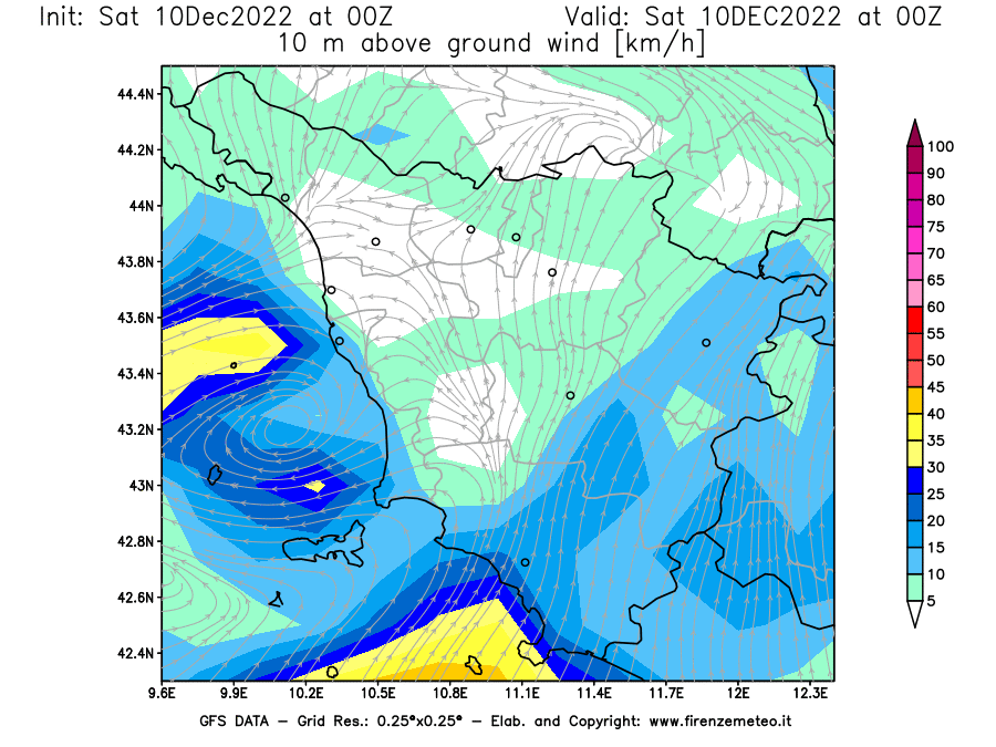 Mappa di analisi GFS - Velocità del vento a 10 metri dal suolo [km/h] in Toscana
							del 10/12/2022 00 <!--googleoff: index-->UTC<!--googleon: index-->