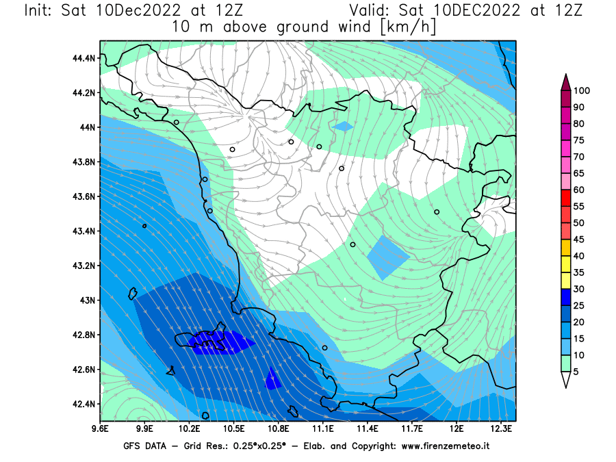 Mappa di analisi GFS - Velocità del vento a 10 metri dal suolo [km/h] in Toscana
							del 10/12/2022 12 <!--googleoff: index-->UTC<!--googleon: index-->