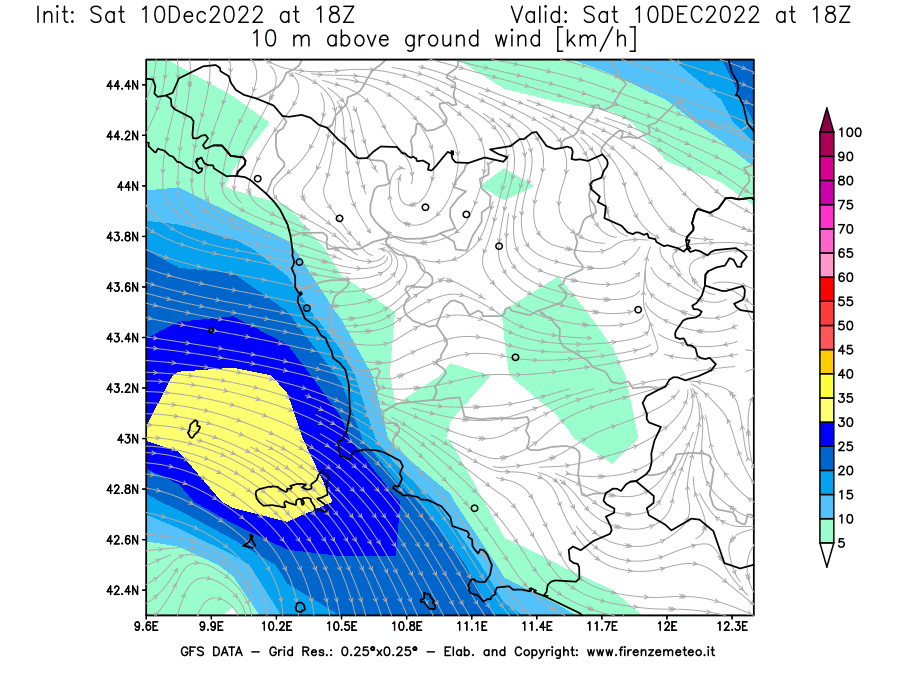 Mappa di analisi GFS - Velocità del vento a 10 metri dal suolo [km/h] in Toscana
							del 10/12/2022 18 <!--googleoff: index-->UTC<!--googleon: index-->