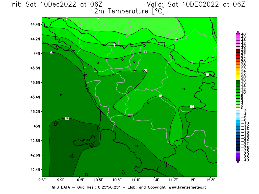 Mappa di analisi GFS - Temperatura a 2 metri dal suolo [°C] in Toscana
							del 10/12/2022 06 <!--googleoff: index-->UTC<!--googleon: index-->
