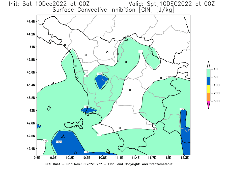 Mappa di analisi GFS - CIN [J/kg] in Toscana
							del 10/12/2022 00 <!--googleoff: index-->UTC<!--googleon: index-->