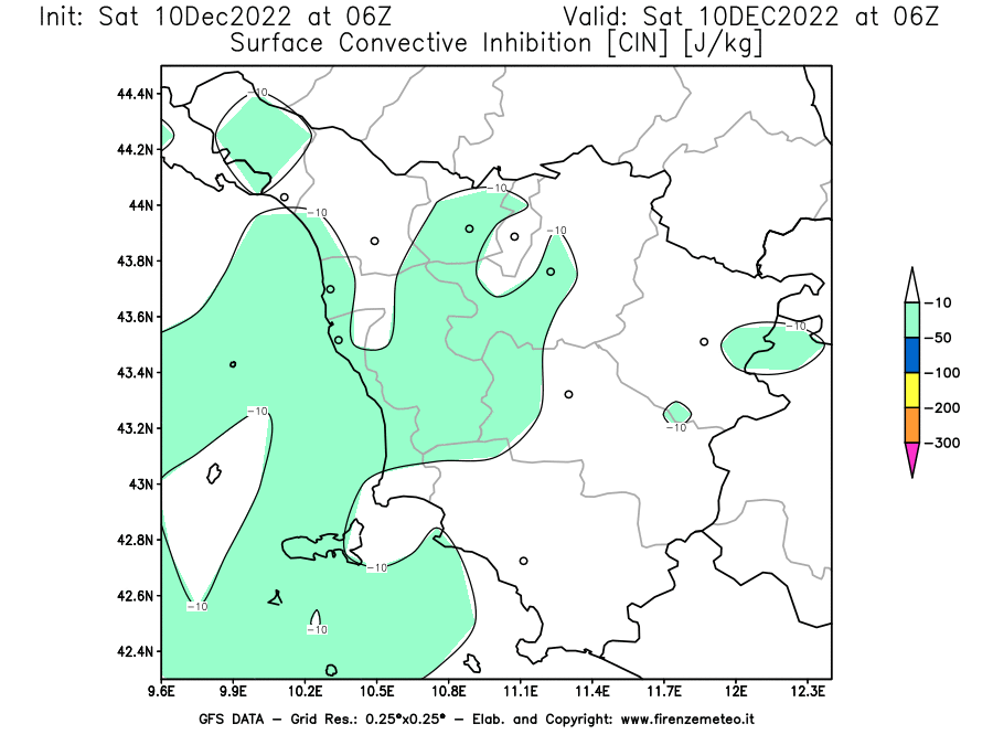 Mappa di analisi GFS - CIN [J/kg] in Toscana
							del 10/12/2022 06 <!--googleoff: index-->UTC<!--googleon: index-->
