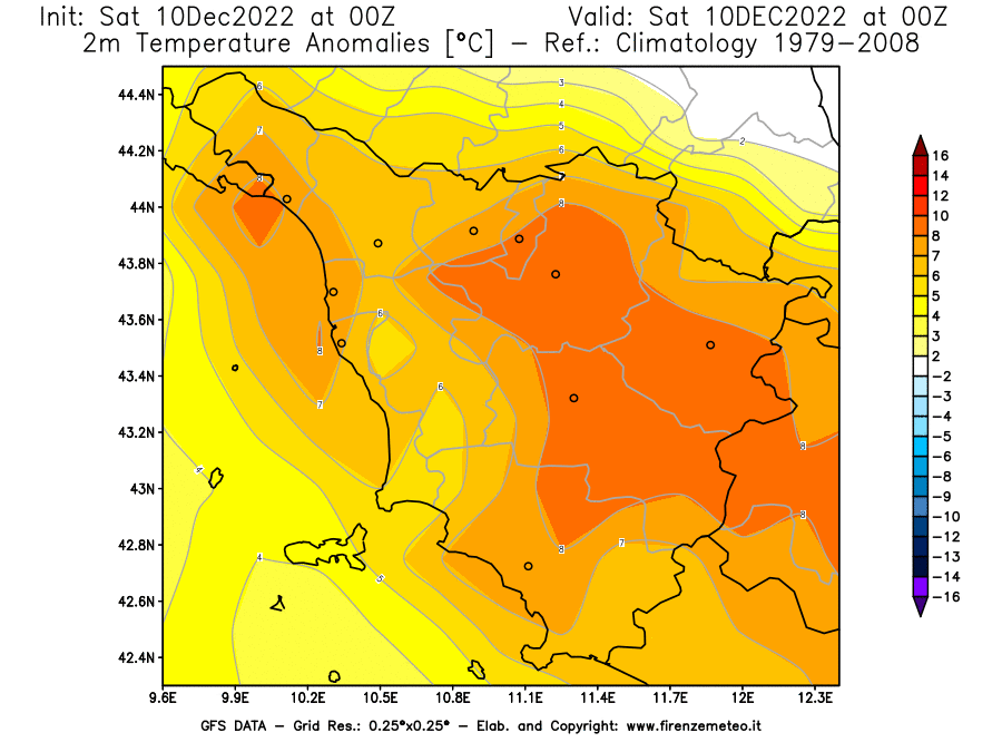 Mappa di analisi GFS - Anomalia Temperatura [°C] a 2 m in Toscana
							del 10/12/2022 00 <!--googleoff: index-->UTC<!--googleon: index-->
