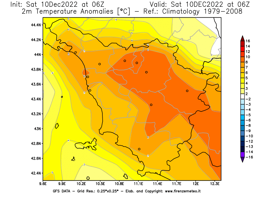 Mappa di analisi GFS - Anomalia Temperatura [°C] a 2 m in Toscana
							del 10/12/2022 06 <!--googleoff: index-->UTC<!--googleon: index-->